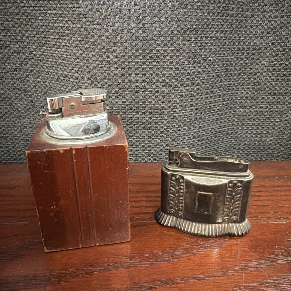 Lot of 2 Table Lighters RONSON Vintage Art Deco Silverplate DIANA & wood Japan